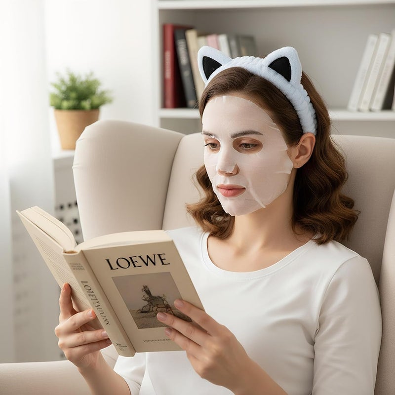 Waliah 2 Pcs Cat Ears Headband, Cute Spa Headbands for Washing Face Skincare Makeup Headbands for Women Girls Trendy Stuff Present Soft Coral Fleece Hair Accessories(Light Blue + Pink) - Image 4